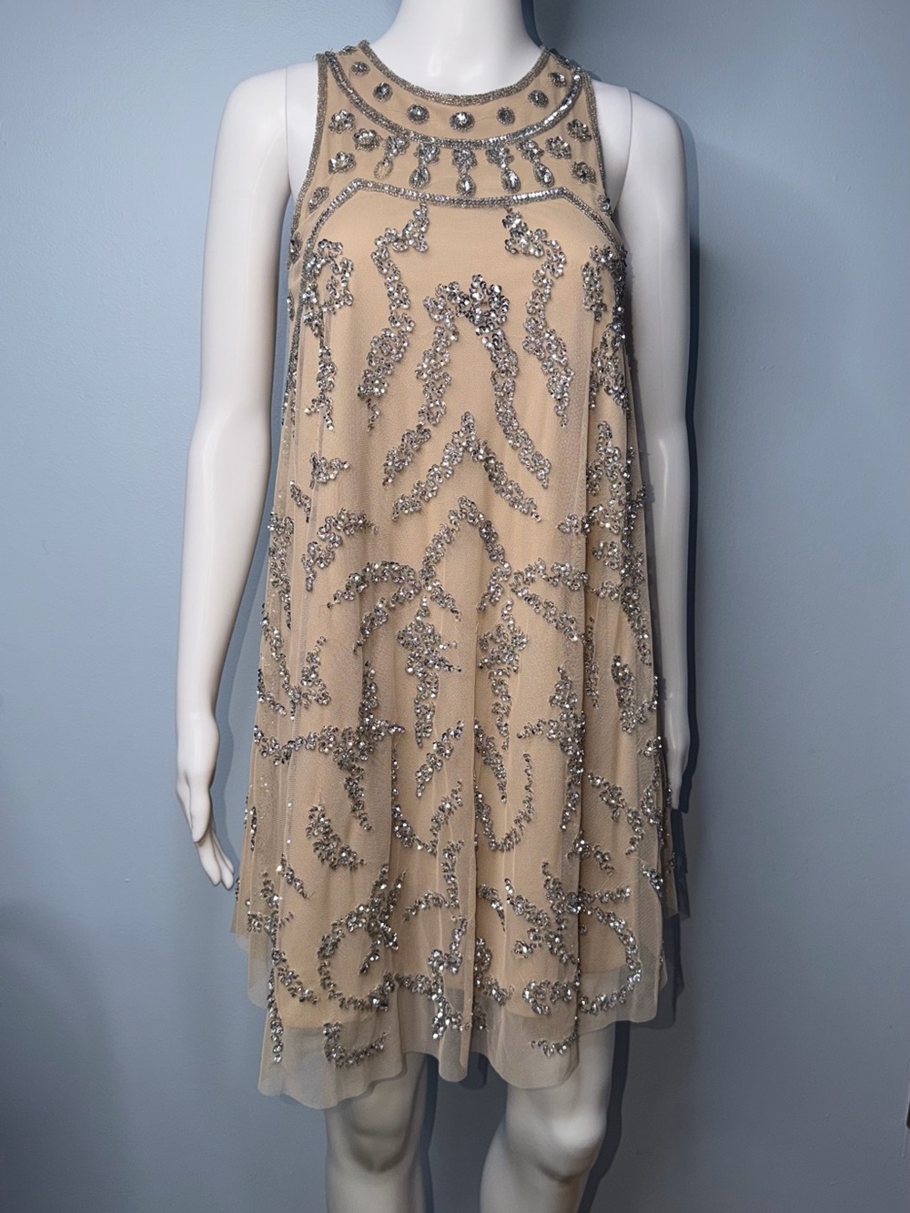 Embellished Taupe Sleeveless Shift Dress - Picture 4 of 13